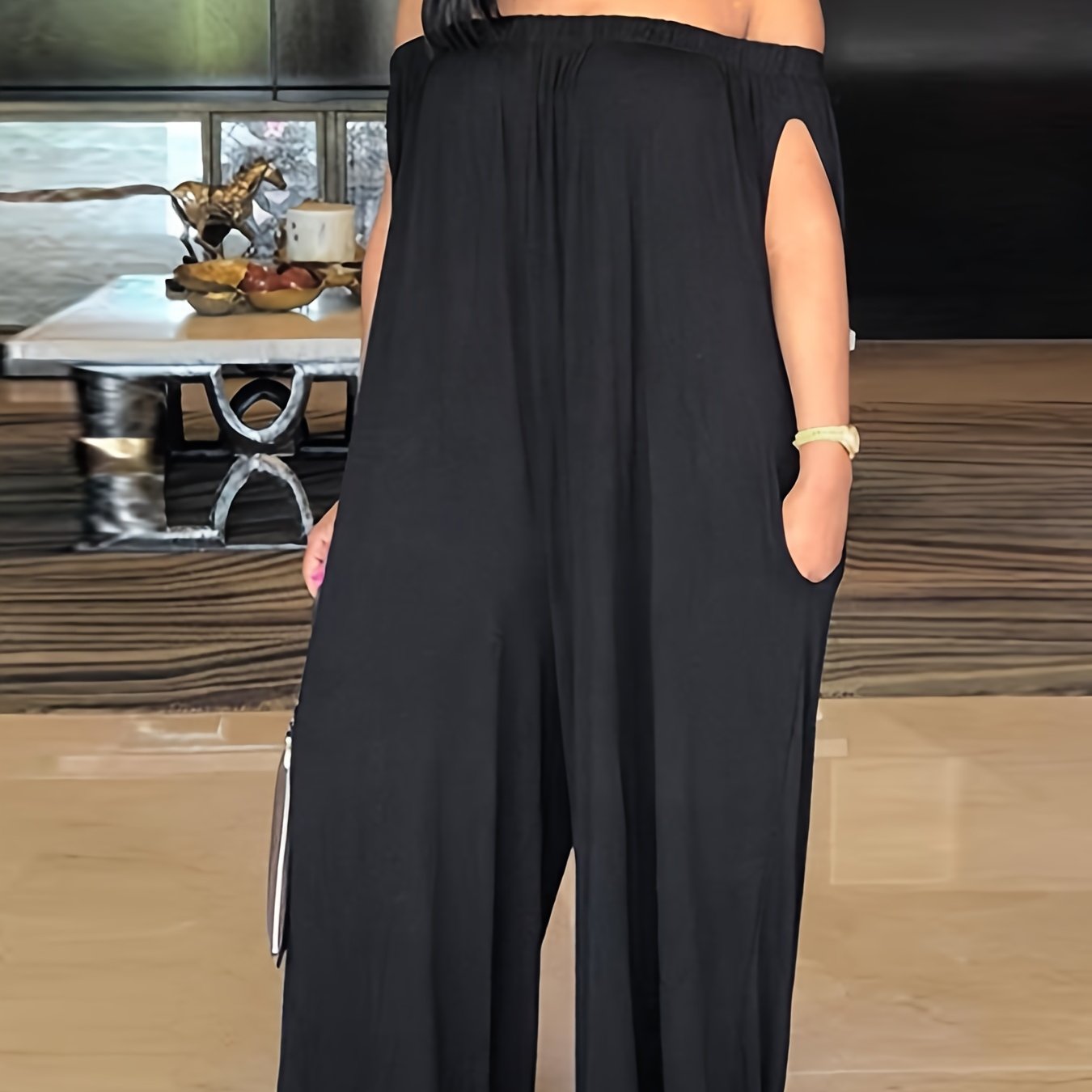 Women's Plus Size Strapless Jumpsuit Polyester Elastane Long Pockets