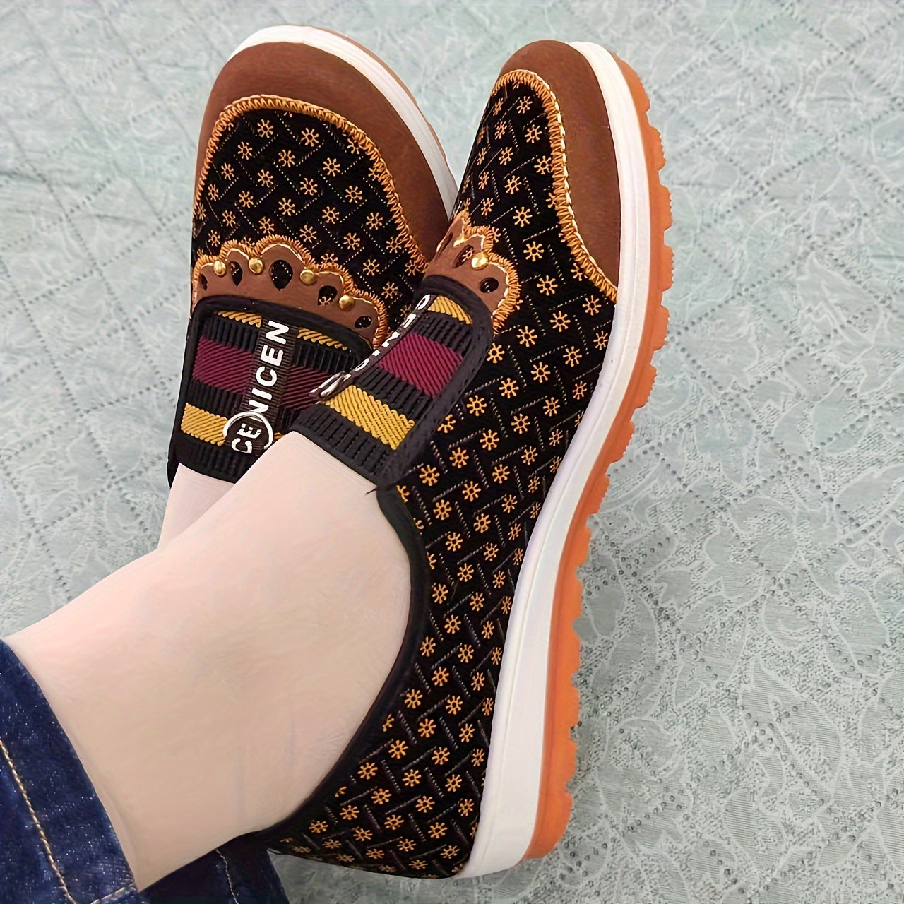 Women's Slip-On Loafers with Rubber Sole Fabric Lining and Mary-Jane Strap for Summer