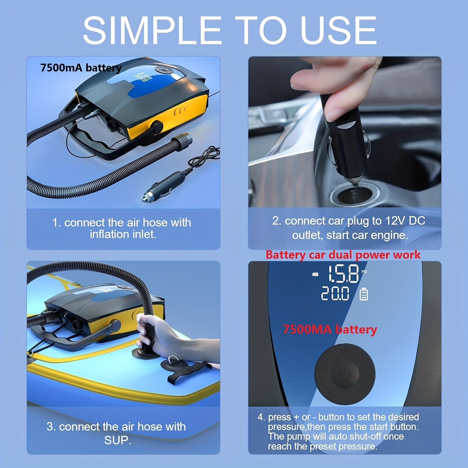 Portable Electric Air Pump with 7500mAh Battery Dual Pressure Settings for Inflatables Black and Yellow