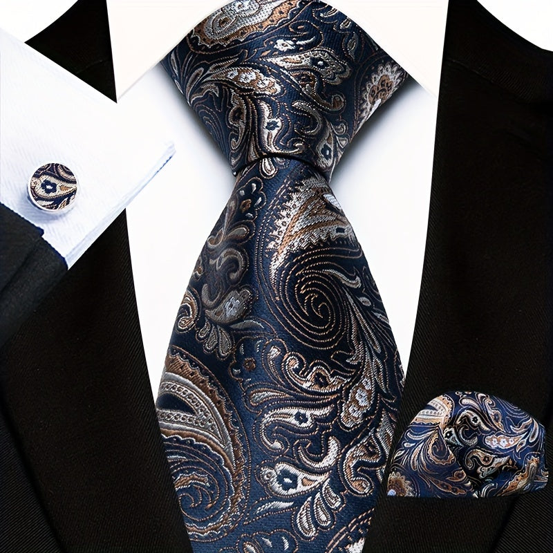 Men's Floral Plaid Necktie and Handkerchief Clip Set for Business and Weddings