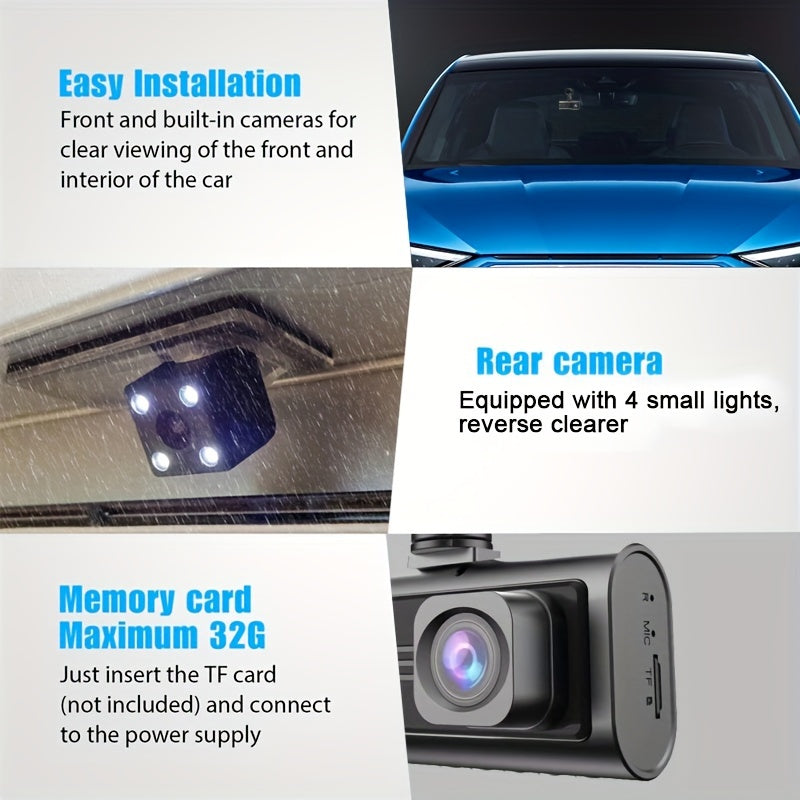 Triple Camera Car Dash Camera 1080P Night Vision 5.08cm IPS Screen