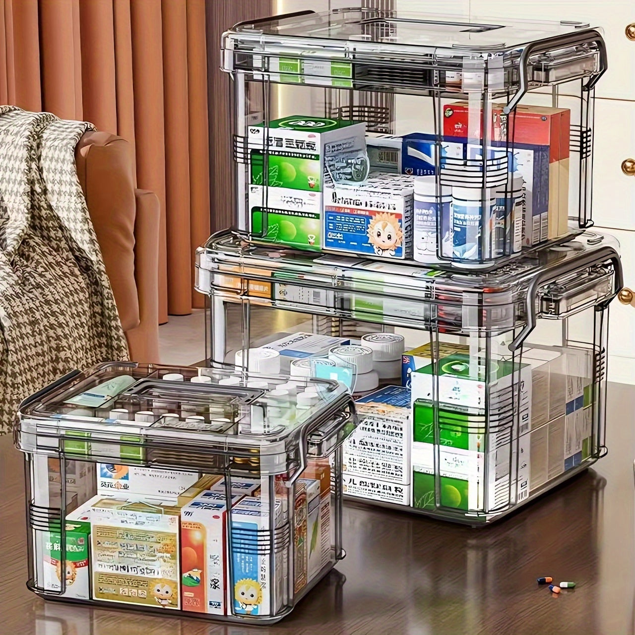 Toza suv o'tkazmaydigan plastmassa saqlash qutisi kvadrat klip bilan yopiladigan qopqoq bilan uy xo'jaligi uchun dorilarni tashkil etish