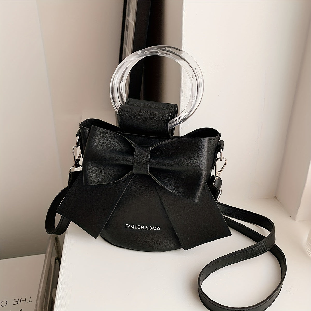 Women's Bucket Bag with Detachable Strap Bow Accent in Black White Pink Blue