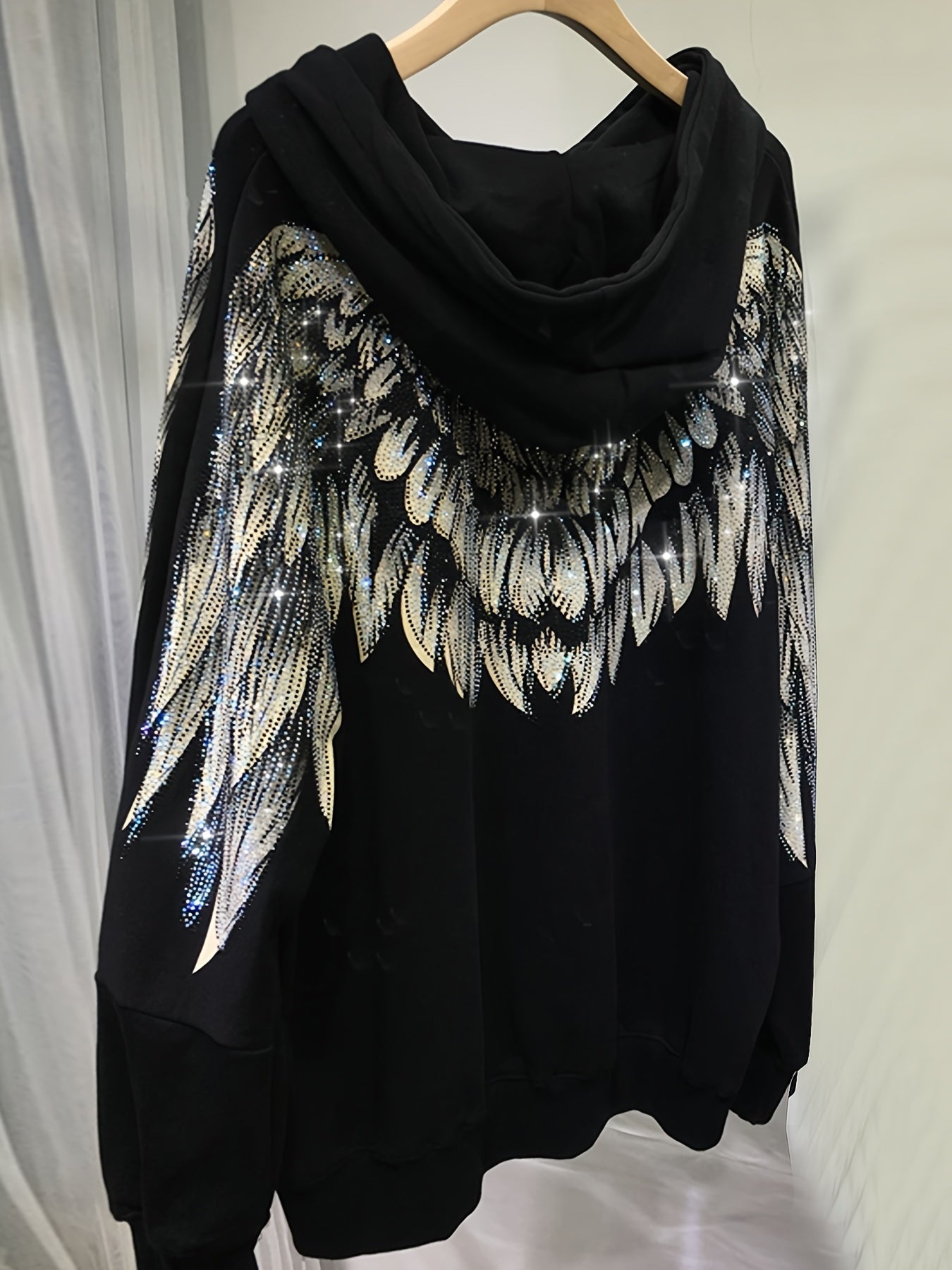 Plus Size Hooded Sweatshirt for Women with Rhinestone Embellishments Casual Spring Fall