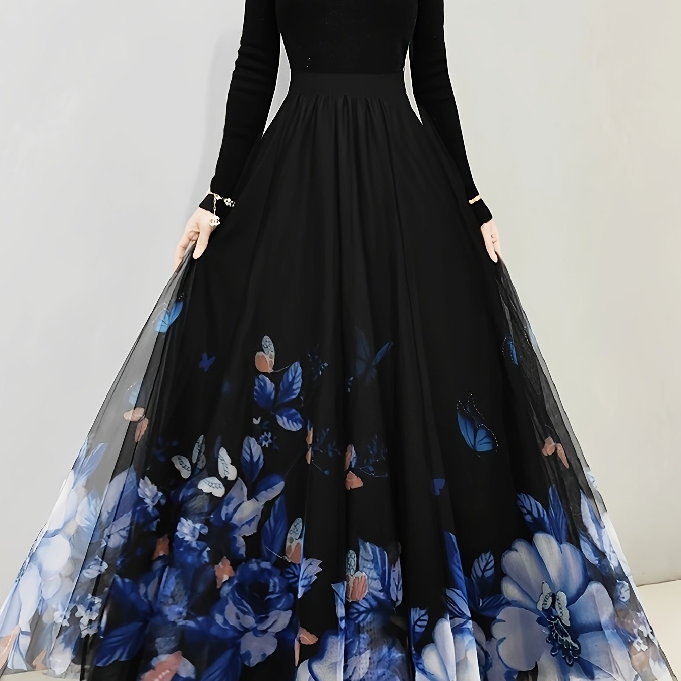 Women's Maxi Skirt with Floral and Butterfly Print Ruffle Hem Polyester All-Season