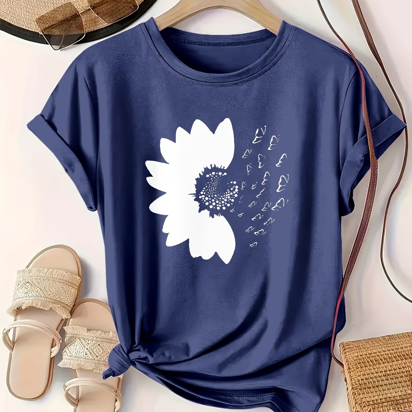 Plus Size Women's Cotton Casual Short Sleeve T-Shirt Black Floral Print