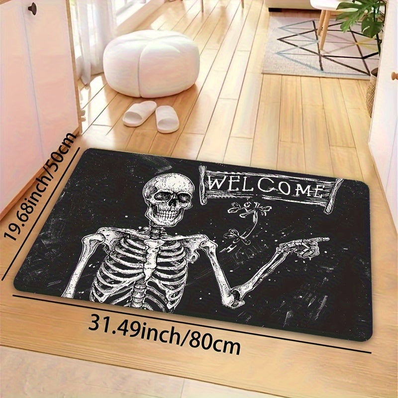 Skeleton Welcome Doormat Indoor Polyester Flannel Rectangle Entryway Mat