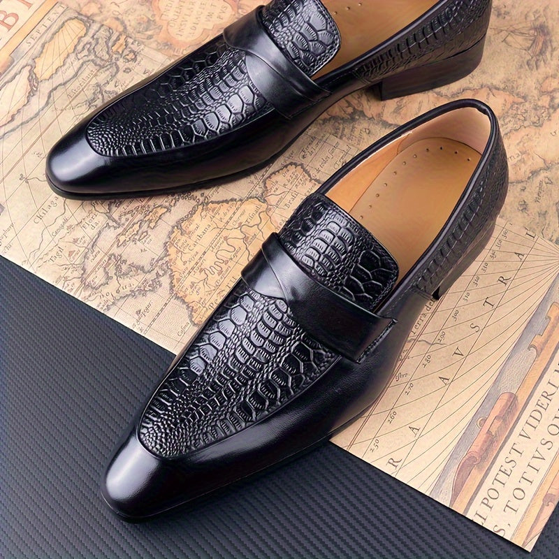 Mocasines de cuero con patrón de cocodrilo negro para hombre, con punta afilada, sin cordones, zapatos de vestir para negocios informales, para todas las estaciones