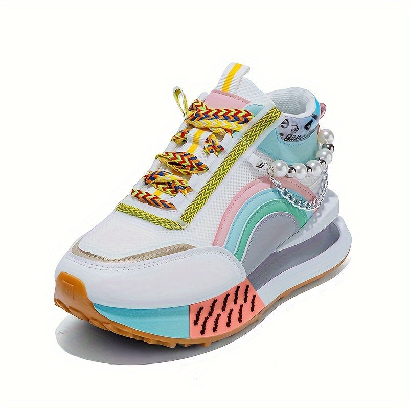 Women's Sneakers with Sparkling Bead Chain Breathable Mesh Lace-Up All-Season Mid Top