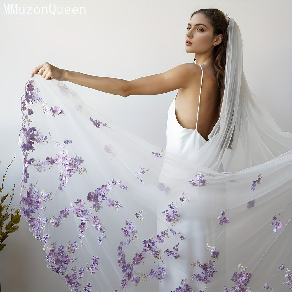 Velo de novia de nylon con encaje floral morado, accesorio de boda de un solo piso
