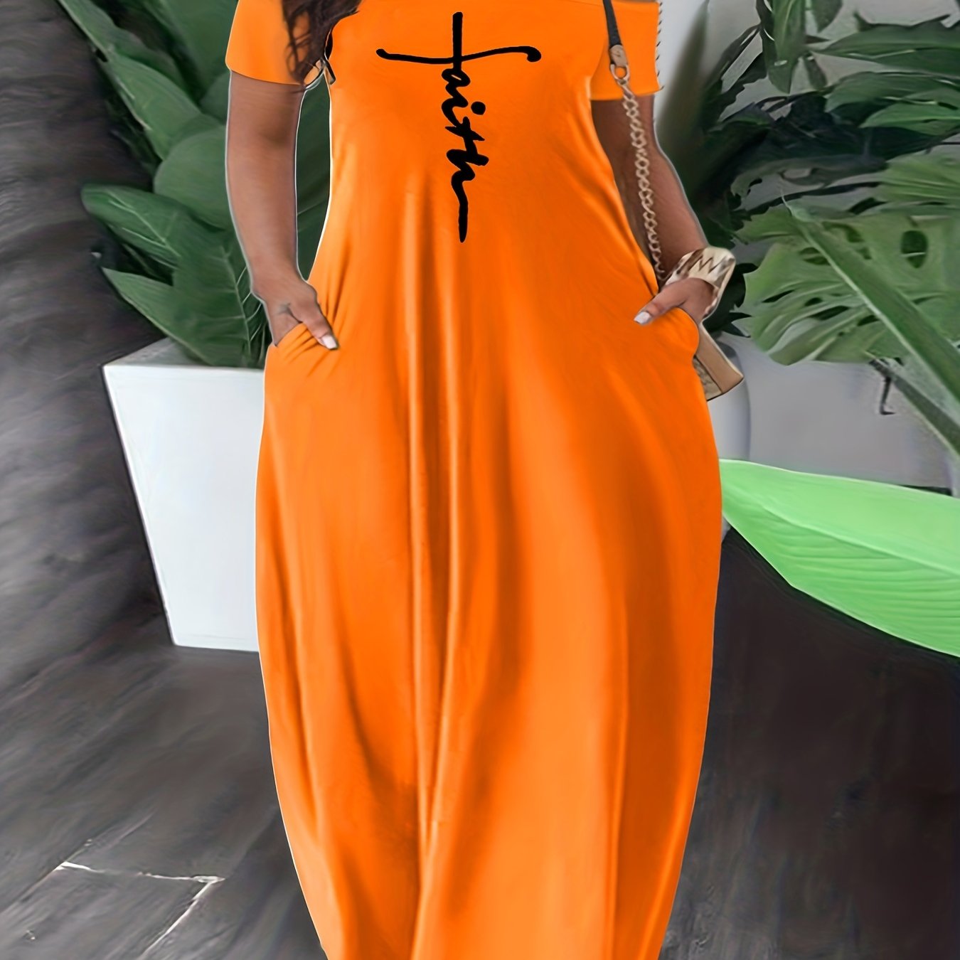 Plus Size Off-Shoulder Maxi Dress with Pockets and Cross Letter Print