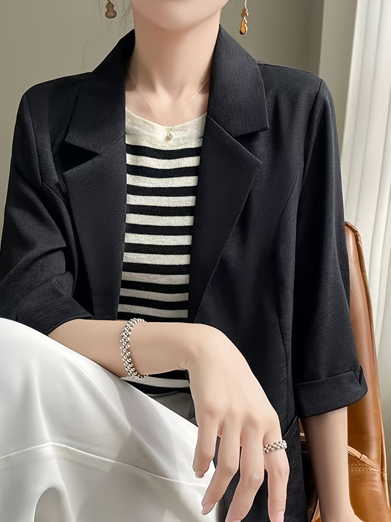 Plus Size Women's Rayon Linen Blazer Slim-Fit Black Business Coat