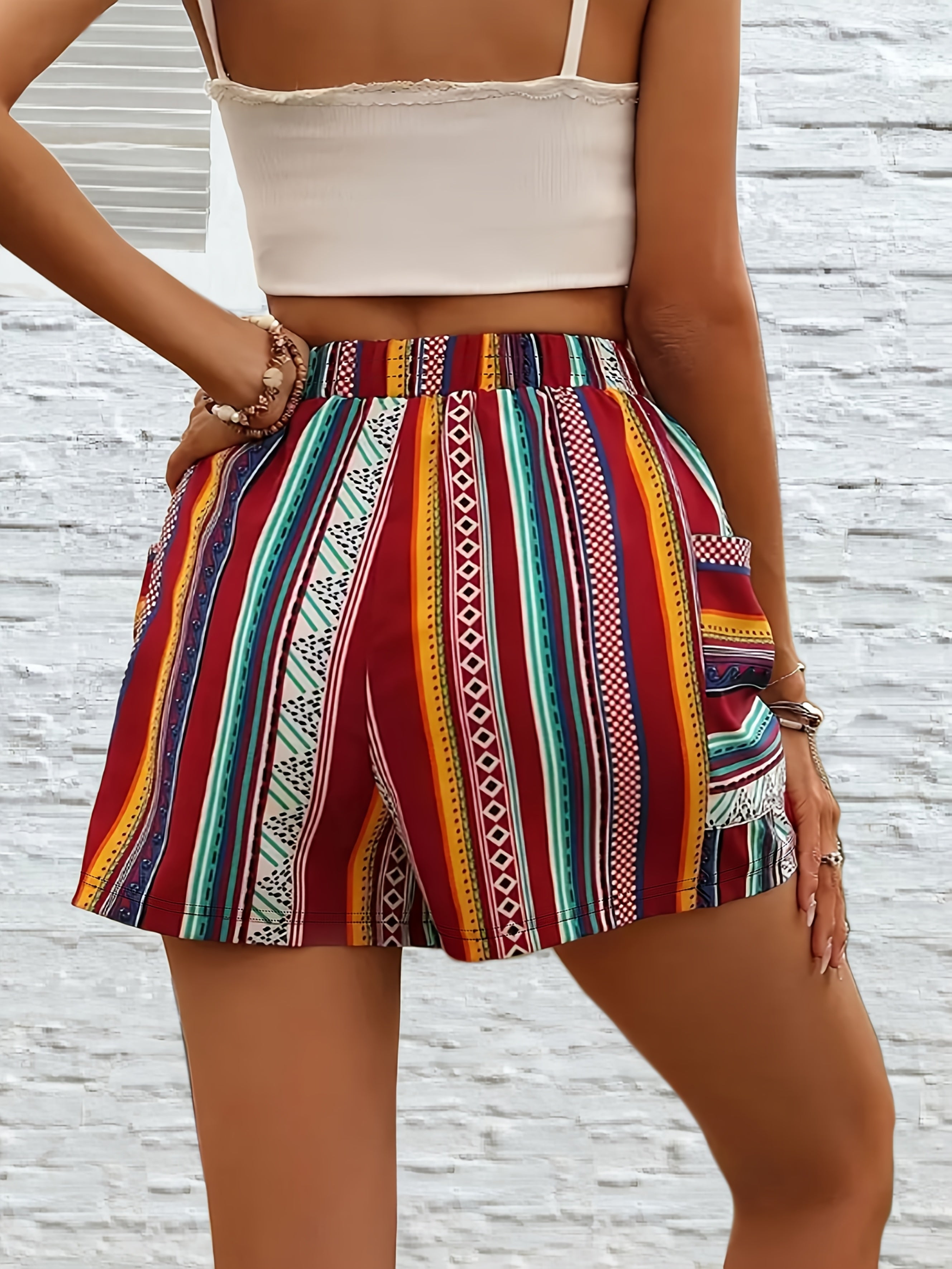 Women’s Bohemian High-Waisted Shorts Polyester Striped Pockets Summer Plus Size