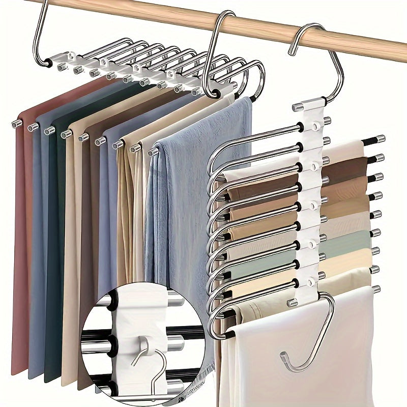 Stainless Steel 9-Tier Space-Saving Pants Hanger with Anti-Slip Coating and 5 Extra Hooks