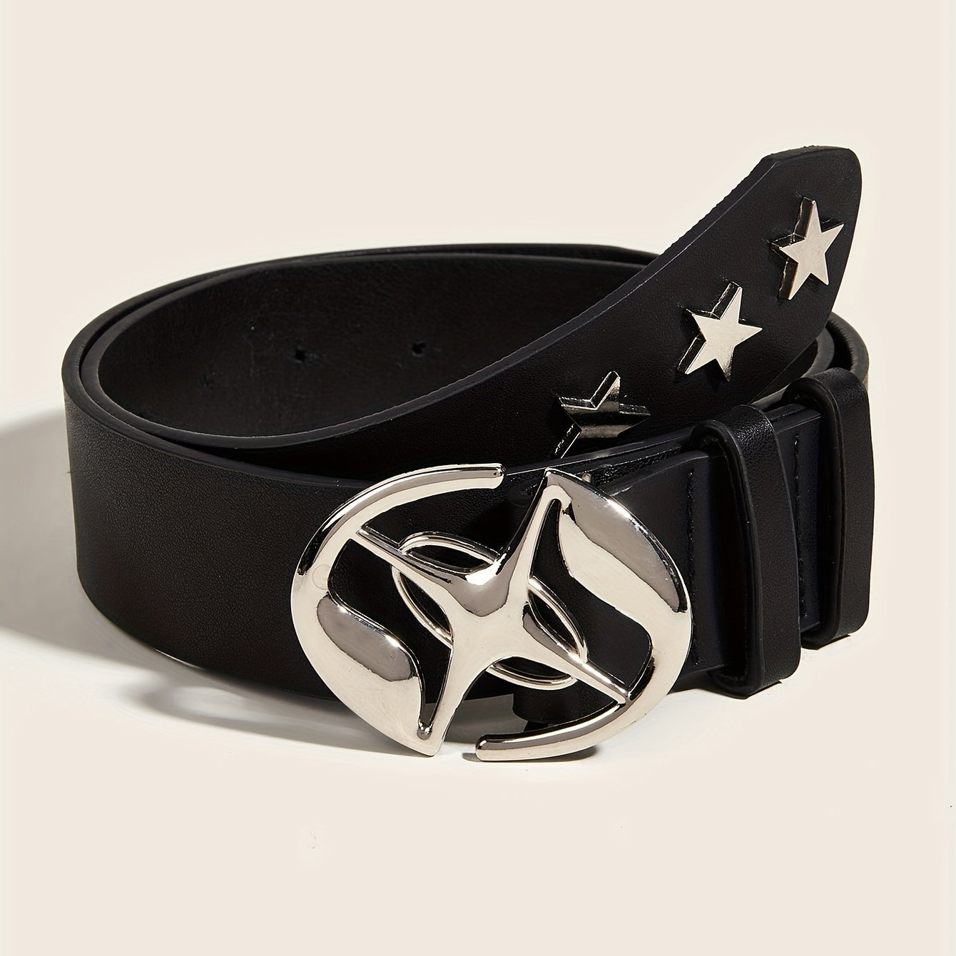 Ayollar uchun qora PU kamar, oval bo'sh joyli tokchali tokchali va yulduzli rivet bezak bilan