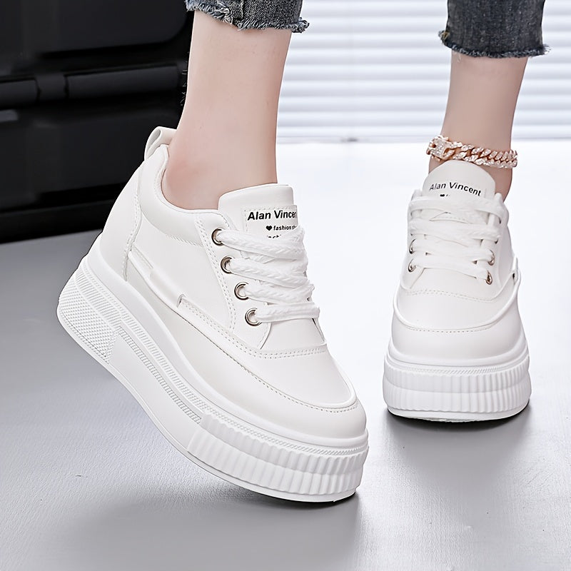 Women's White Platform Skate Shoes, Lace-Up Low Tops, Casual Sneakers