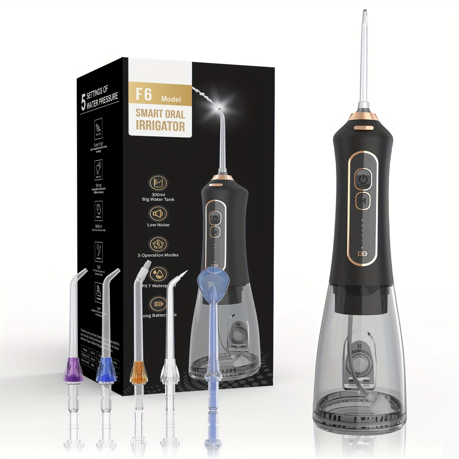 irrigador de agua recargable portátil con 5 modos y boquilla rotatoria