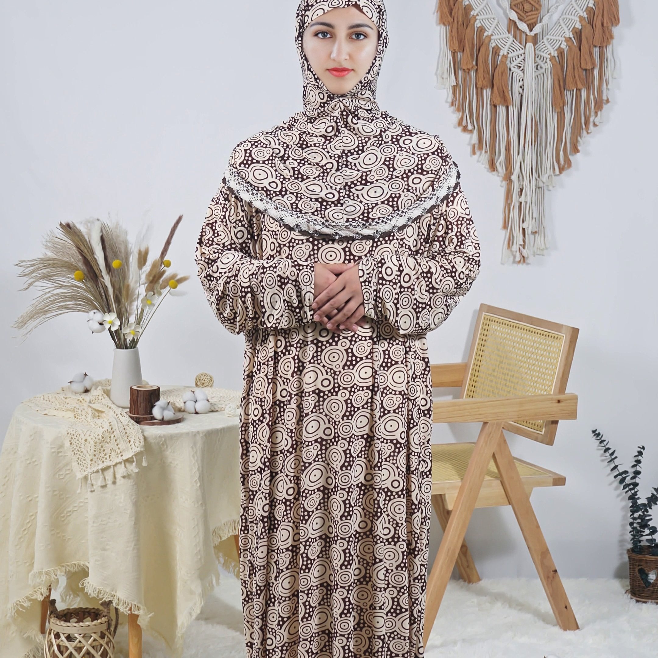 Women's Long Floral Print Loose Fit Robe Polyester Elastane Machine Washable for Ramadan