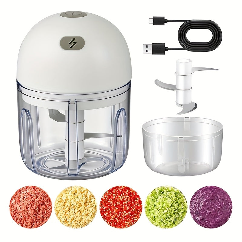 Stainless steel pichoqli USB qayta zaryadlanadigan sarimsoq bosish va maydalash qurilmasi, turli taomlar uchun kompakt va portativ dizayn, 36V xavfsiz kuchlanish, 500mAh batareya, bardoshli plastmassa korpus.