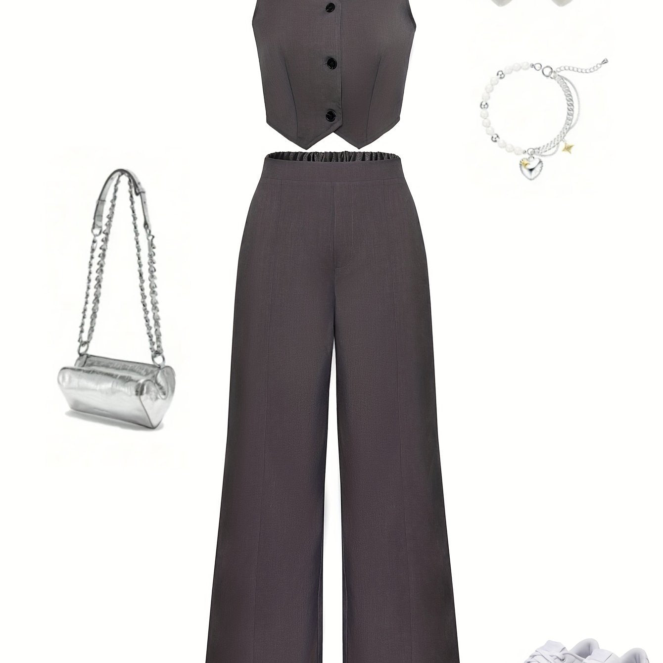 Ayollar uchun zamonaviy ikki qismli to'plam, tugma tafsilotlari bilan v-yuvalangan kesilgan vest top va yuqori belli kostyum shimlarini o'z ichiga oladi. 97% polyester va 3% elastan materialidan tayyorlangan, biroz cho'ziluvchan. Ideal for