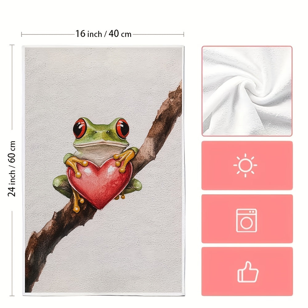 Juego de 2 toallas de cocina de rana de San Valentín, ultra suaves y absorbentes, toallas de mano para platos