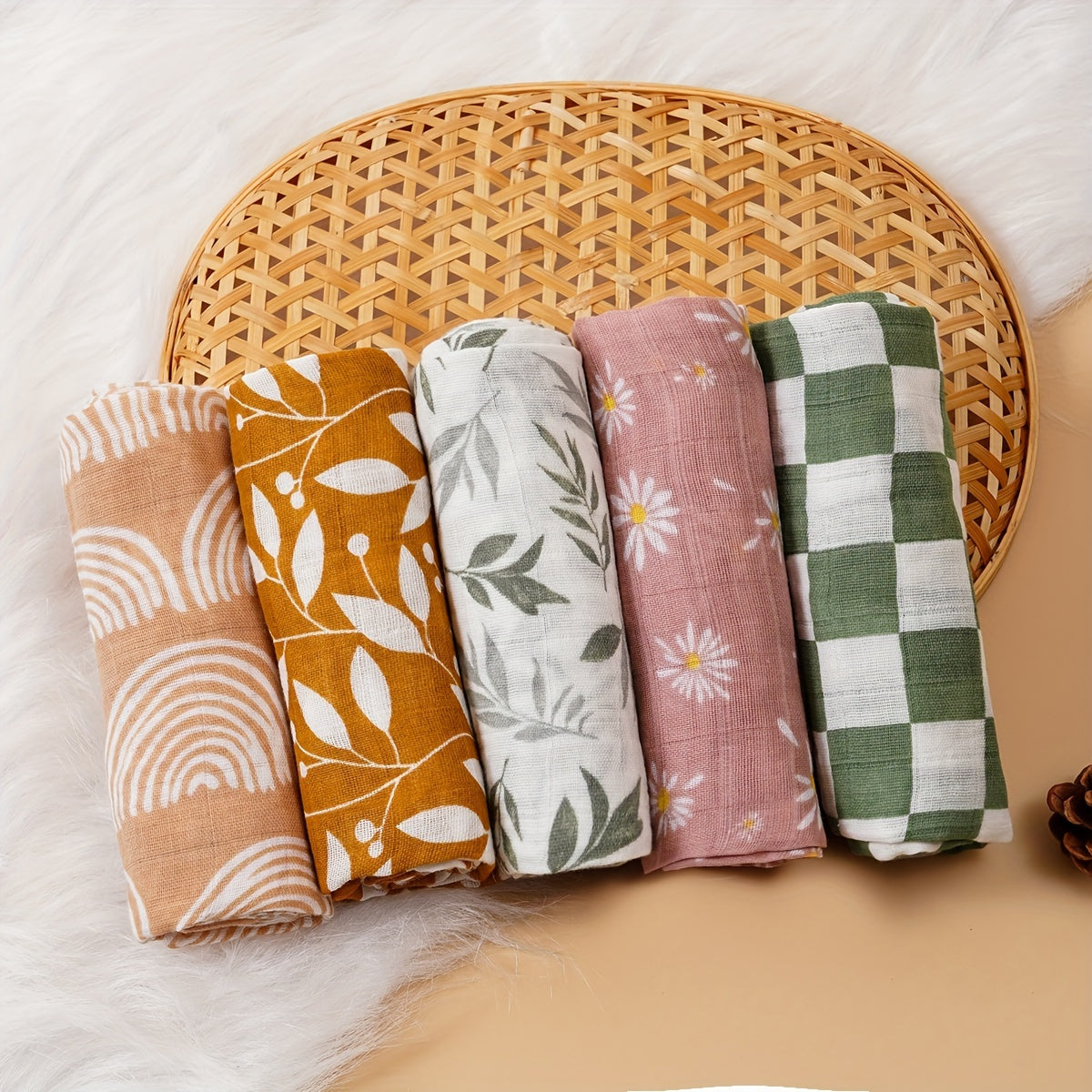 Set of 5 Baby Muslin Bibs and Burp Cloths Orange Rainbow Moon Print