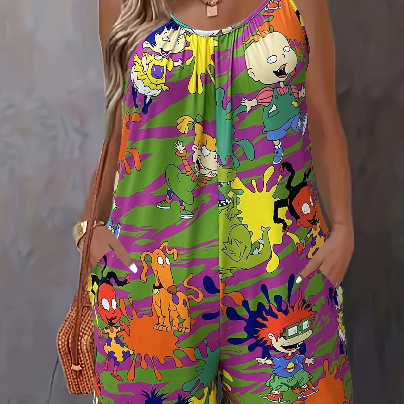 Plus Size Cartoon Print Slip Romper Casual Sleeveless Pockets Women