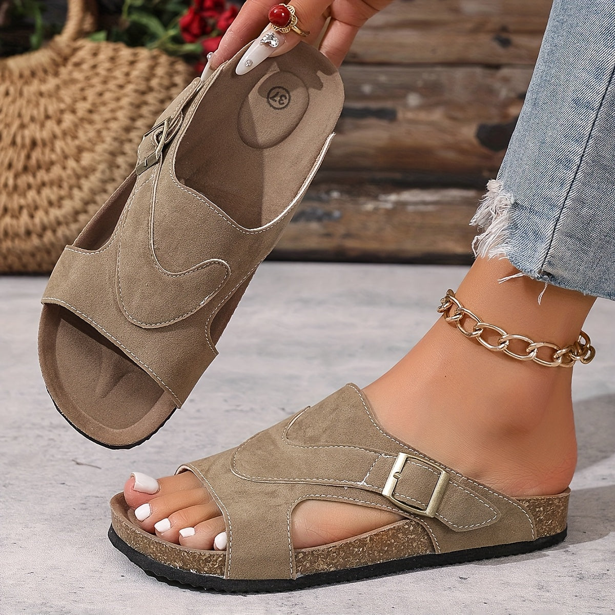 Women's Slip-On Sandals Non-Slip Cushioned EVA Open-Toe Beige Casual Shoes