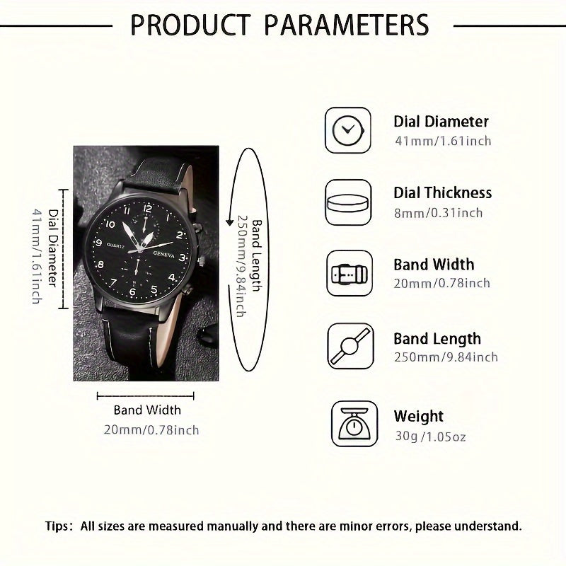 Set of 4 Men's Quartz Watches Black Round Face Faux Leather Bracelets Gift Set