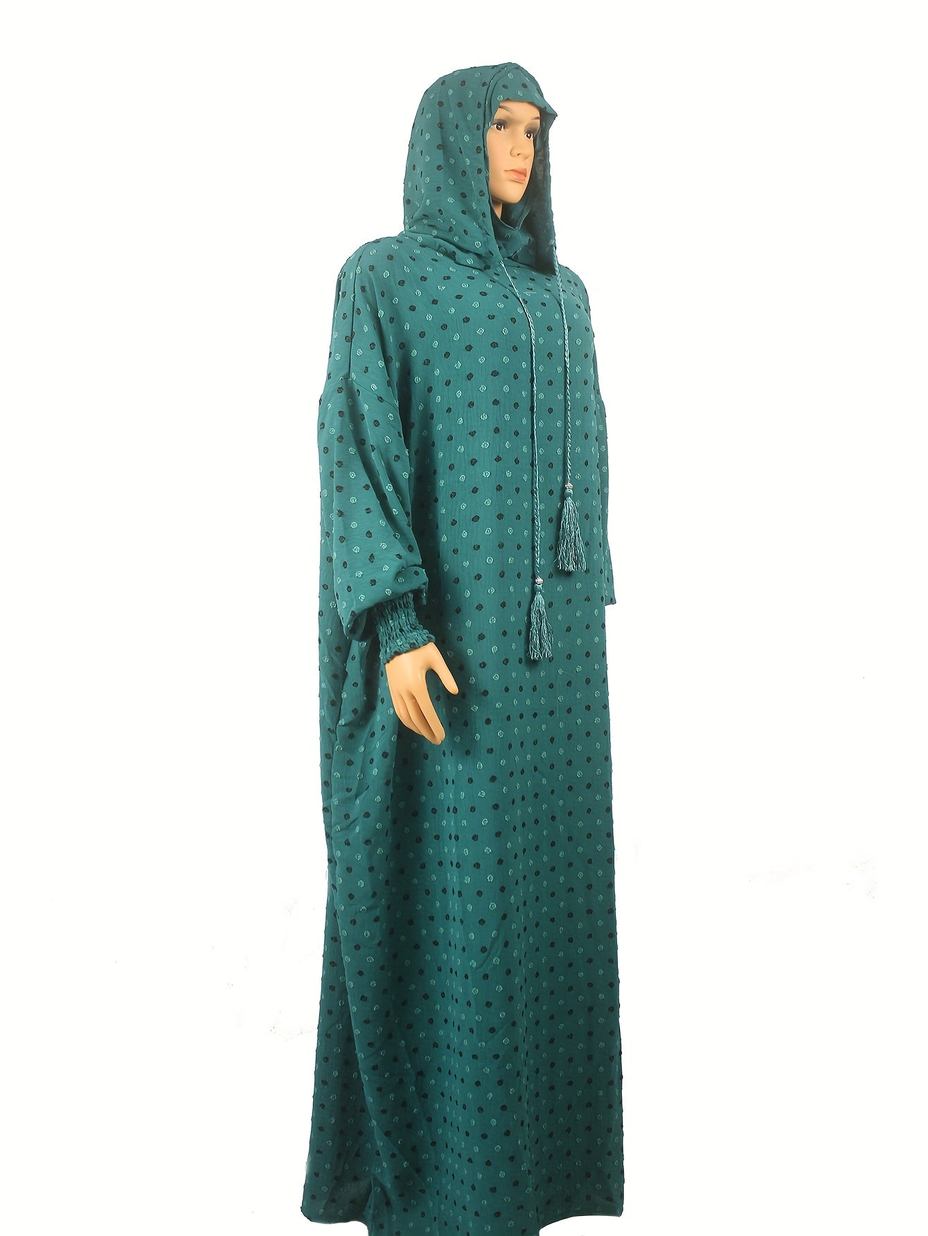 Plus Size Teal White Polka Dot Abaya Kaftan Dress Muslim Ramadan Clothing