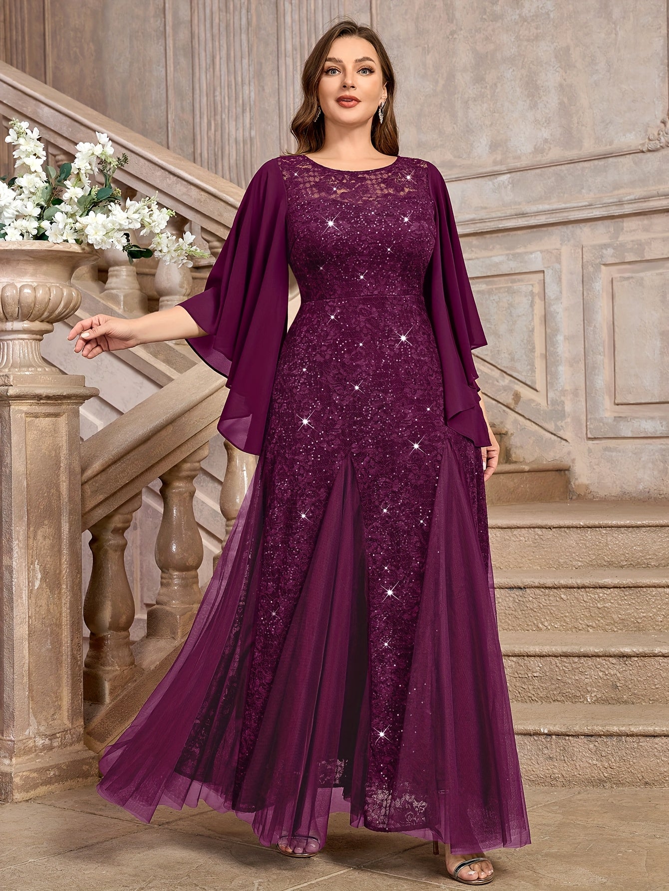 Elegant Floral Mermaid Dress with Butterfly Sleeves Sequin Lace Mesh Evening Gown