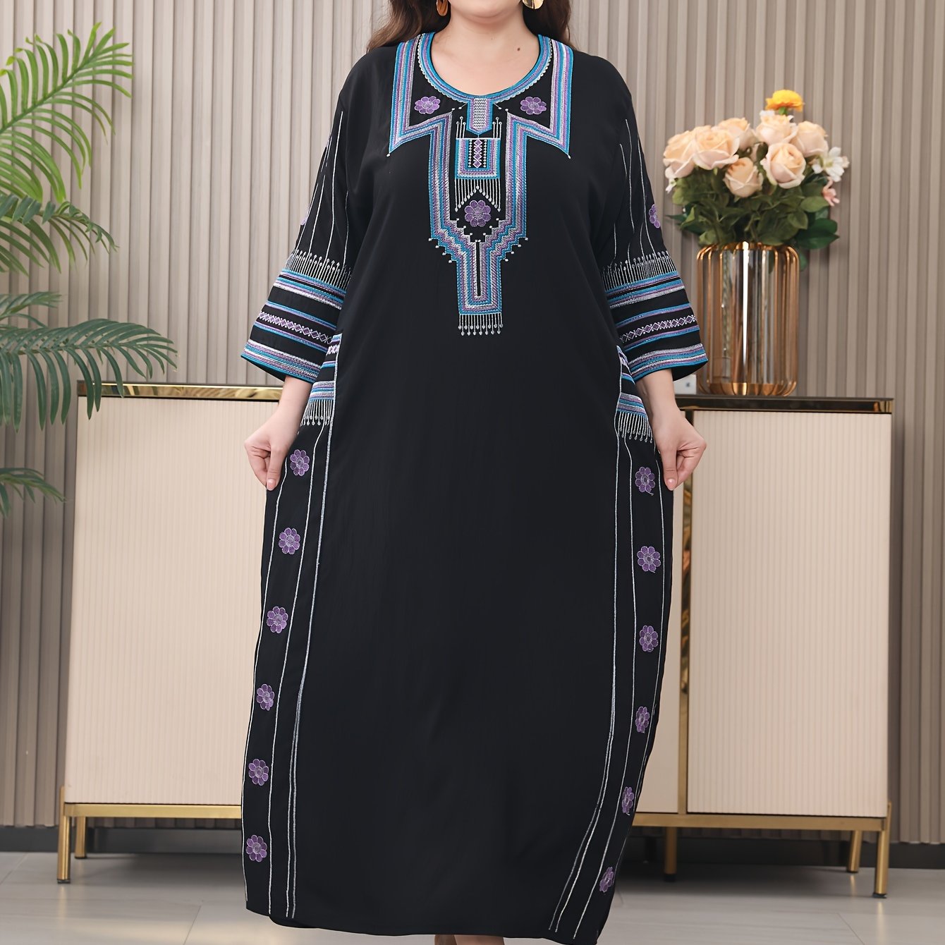 Embroidered Tribal Pattern Kaftan Dress Long Sleeve Loose Fit Woven Fabric