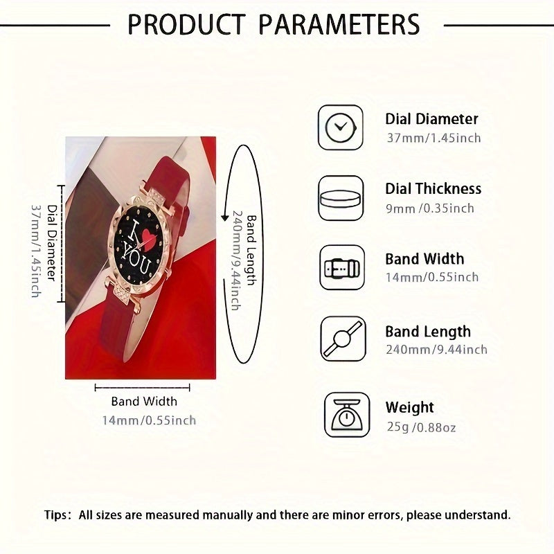 Women's Rhinestone Quartz Watch and Jewelry Set with Heart "I Love You" Design 5 Pieces