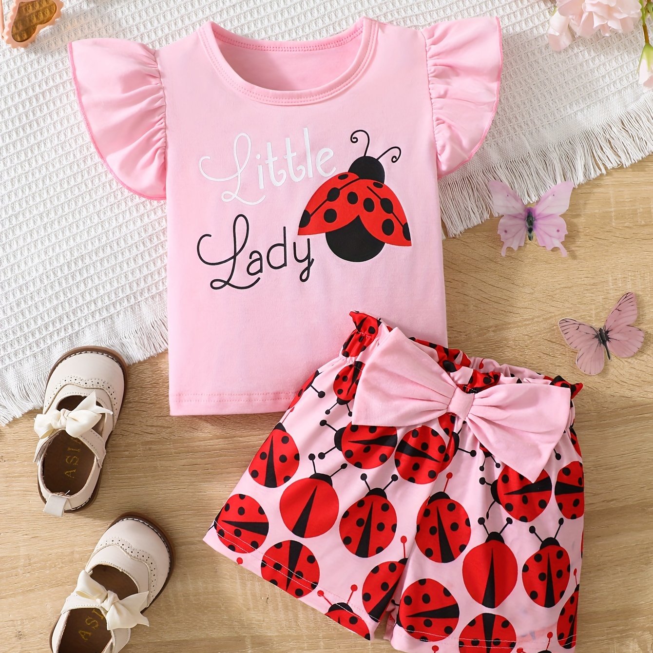 Baby Girl Summer Outfit Ruffle Sleeve Graphic T-Shirt and Ladybug Shorts Set