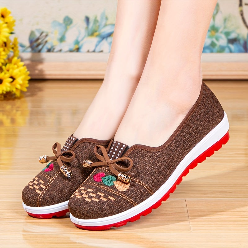 Women's Floral Embroidered Canvas Flats with Bowknot Detail for Comfort