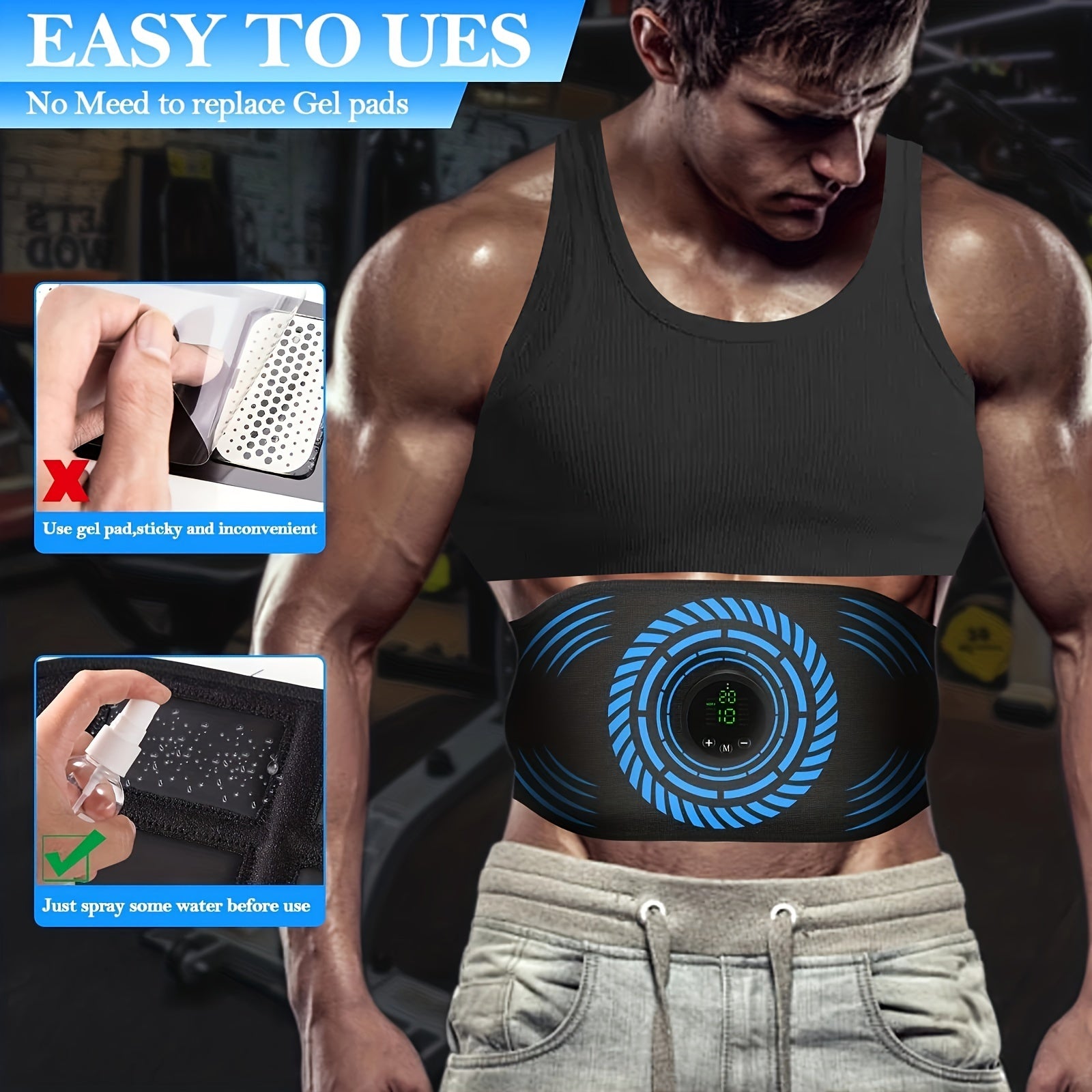 Blue Abdominal Toning Belt and Stimulator for Men and Women Rechargeable USB Charging