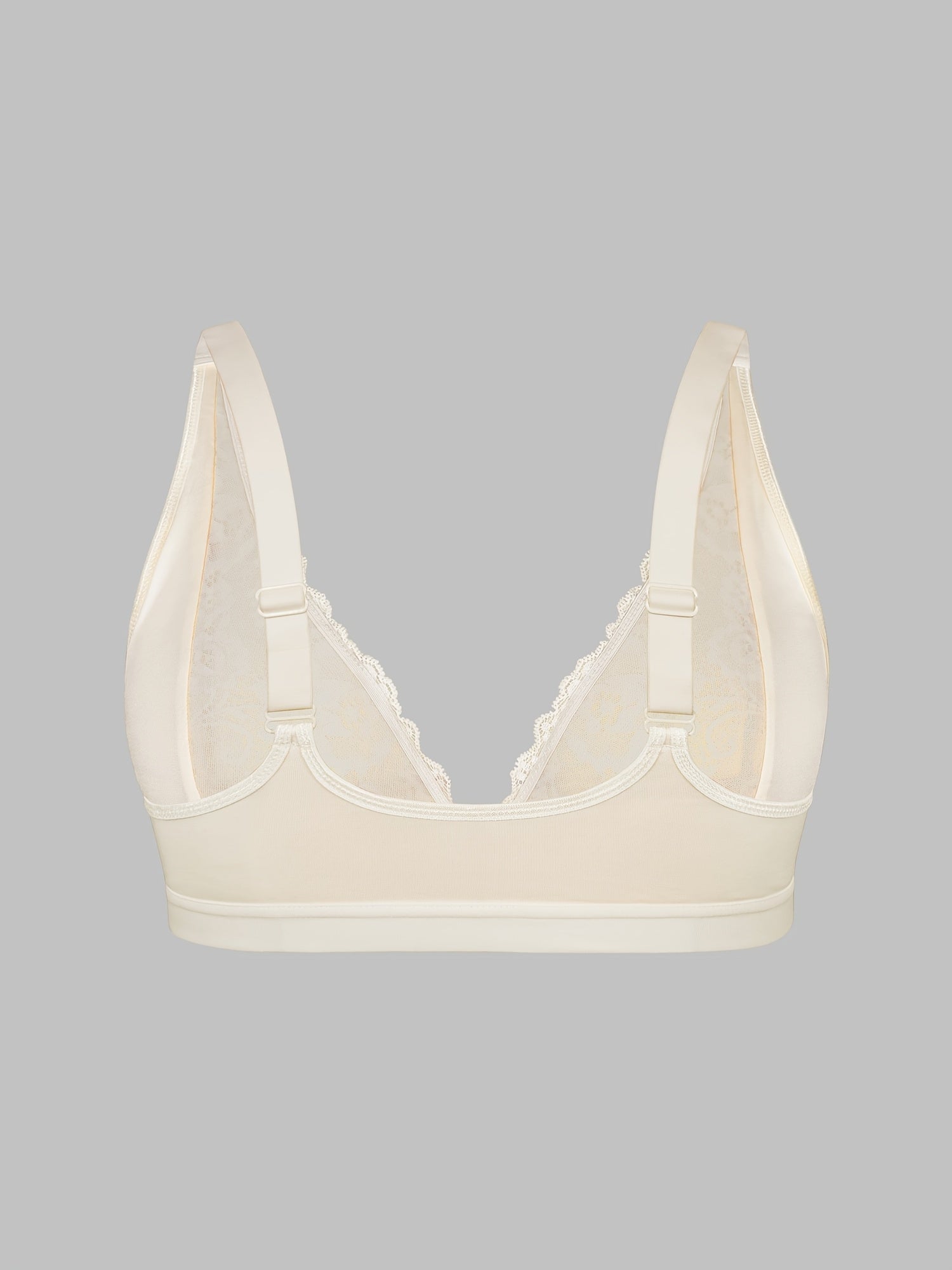 Sujetador de encaje con cierre frontal para tallas grandes de mujer con escote en V profundo, tirantes anchos, encaje en contraste, tela de punto de poliéster transpirable