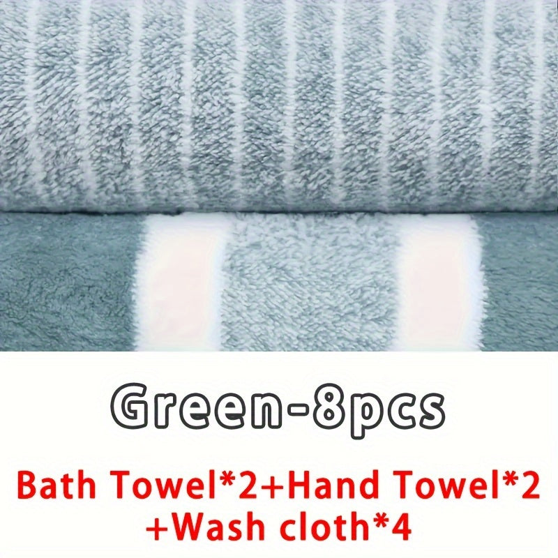 8-Piece Striped Microfiber Towel Set Bath Hand Washcloths Quick-Drying Absorbent