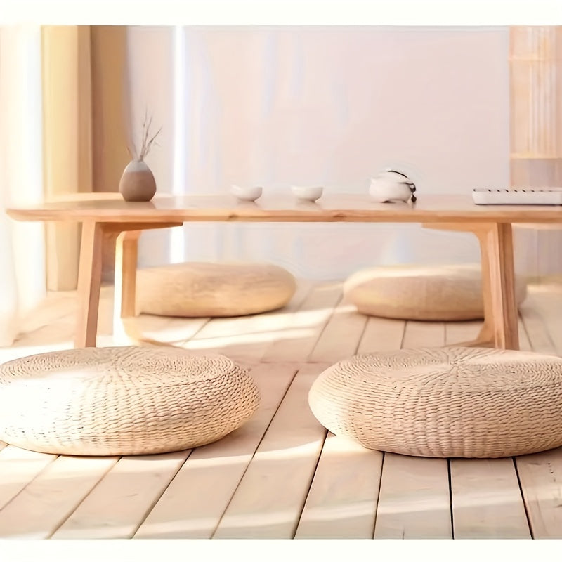 Thick Handwoven Round Tatami Mat Wooden Color 41.91cm Floor Cushion Living Room