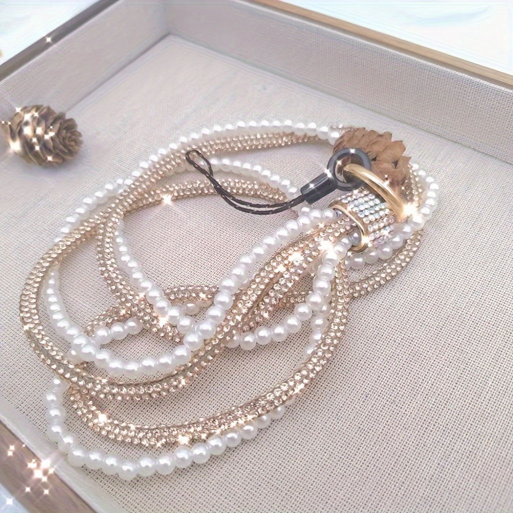 Pearl Rhinestone Long Lanyard PVC Phone Key Holder with Universal Attachment
