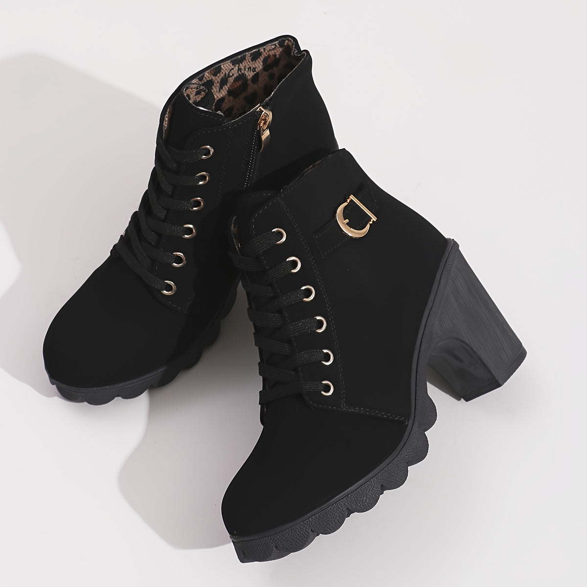 Women Ankle Boots Winter Thick Sole Side Zipper Lace-Up Casual Black Synthetic
