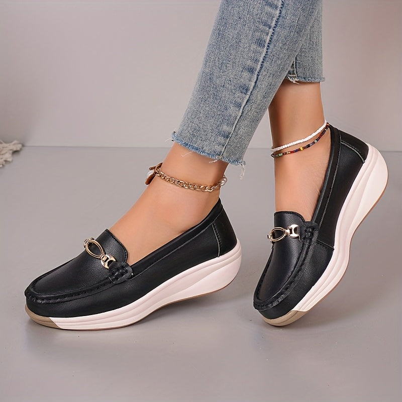 Women's Loafers with Metal Buckle Slip-On Flats Non-Slip Casual Shoes