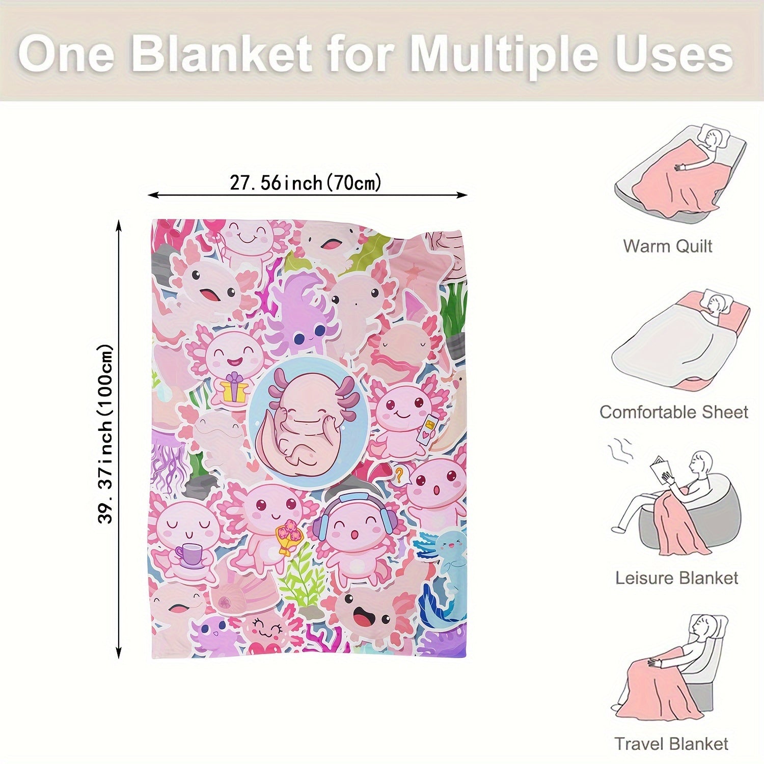 Pink Axolotl Digital Printing Flannel Blanket for All Seasons