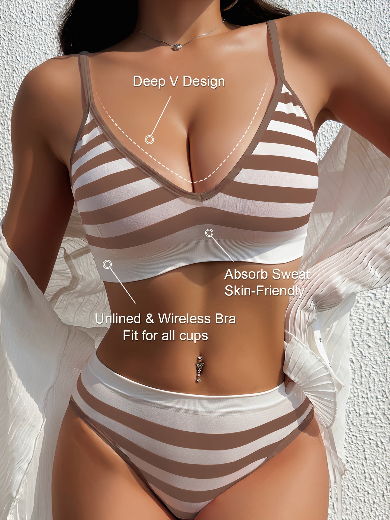 Wireless Blue and White Striped Lingerie Set with Supportive Bra and Panties