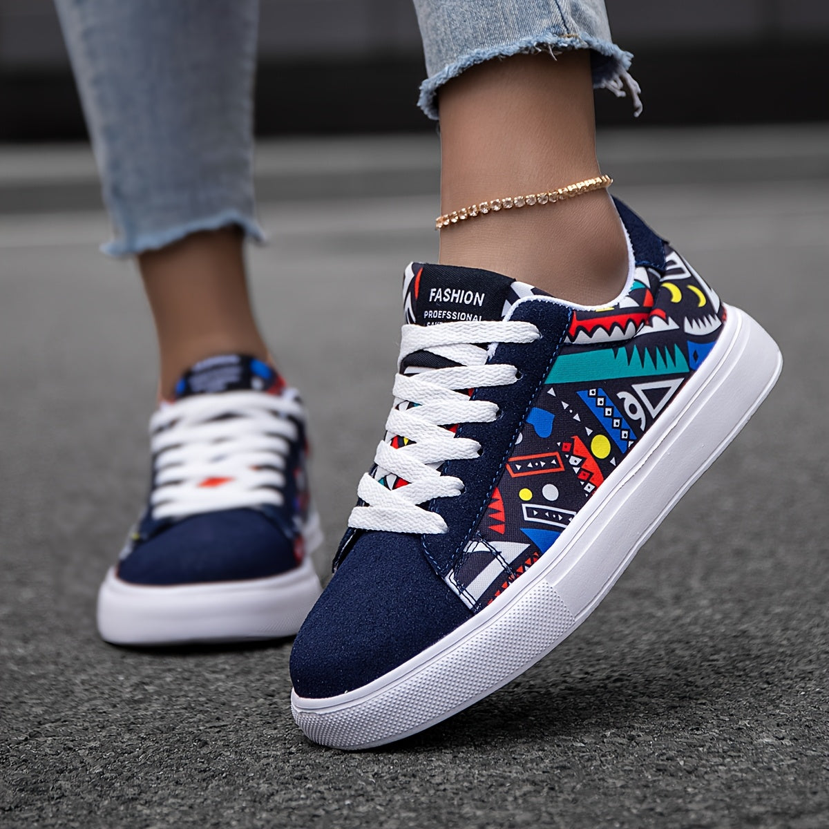 Unisex Geometric Pattern Casual Sneakers Lightweight Fabric Low Top EVA Sole