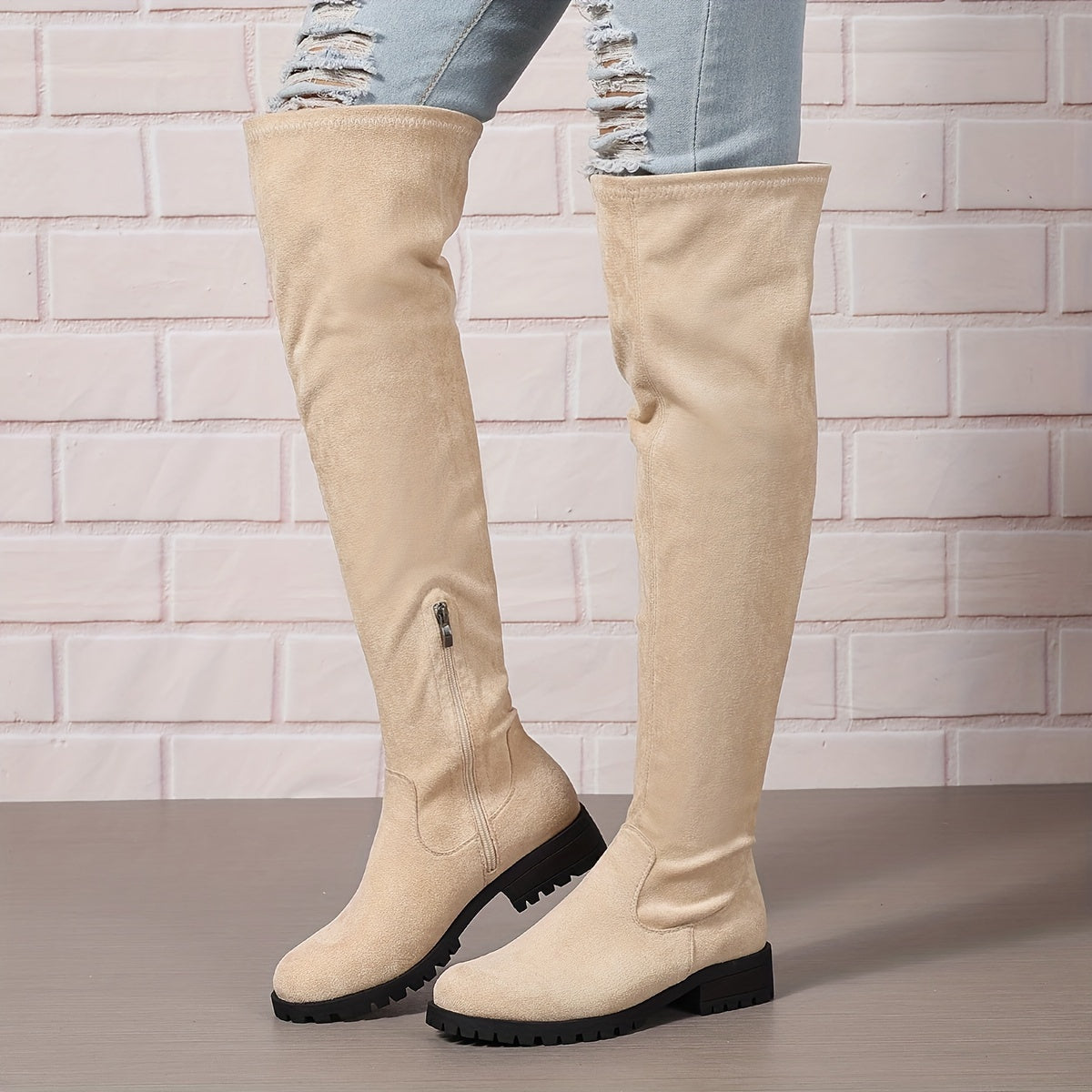 Women's Solid Color Chunky Heel Over The Knee Boots With Side Zipper