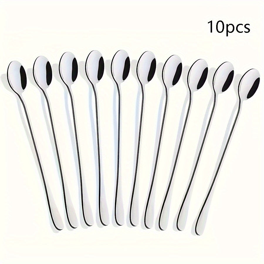 Set of 10 Stainless Steel Long-Handled Kitchen Spoons for Cooking and Serving