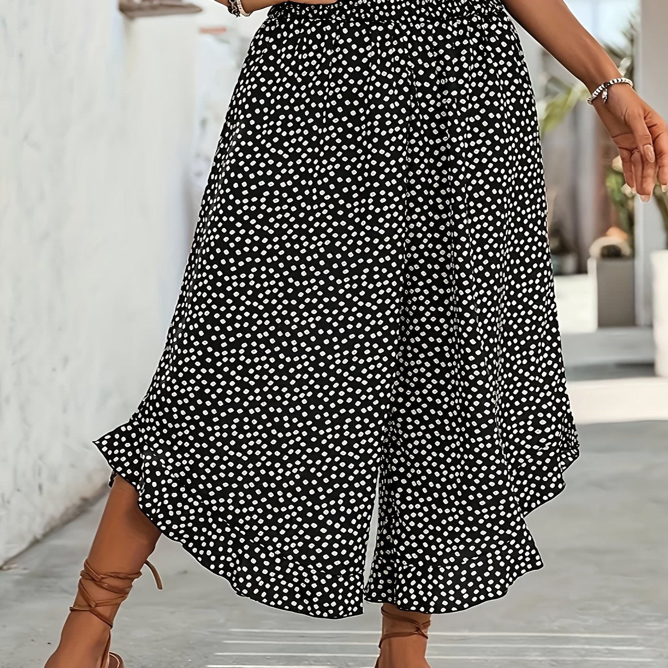 Pantalones de pierna ancha con estampado floral para mujer talla plus, de cintura alta, con puntos azules y blancos