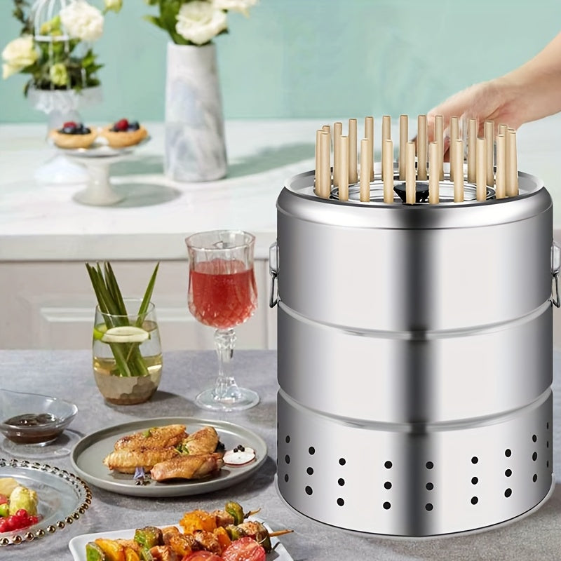 Portativ tutunsiz ko'mir qopqog'i bilan zanglamaydigan po'latdan yasalgan atrofdagi osilgan pech, ochiq havoda tutunli grill. 60 ta shish, 2 ta ziravorlar shishasi, 1 ta grill tarmog'i va 10 ta fixatorni o'z ichiga oladi. Oson