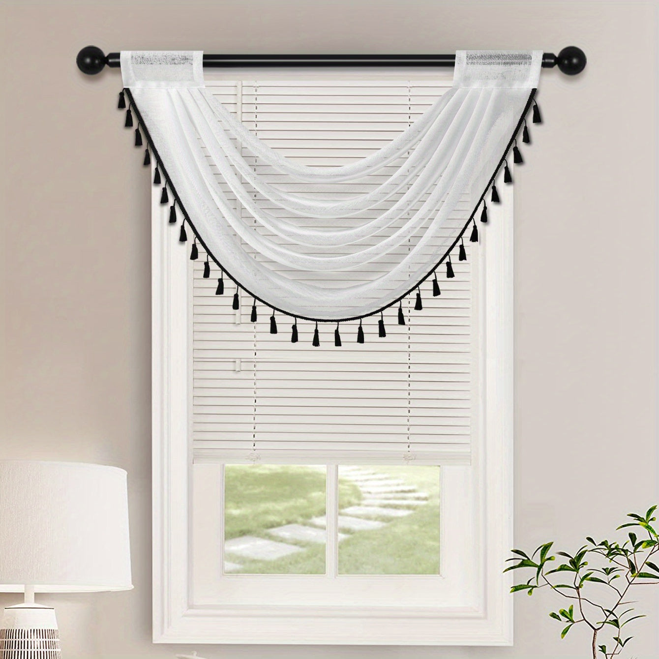 Sheer Wave Curtain Valance with Tassels Edge 30x24 Inches Light-Transmitting Rod Pocket Decor